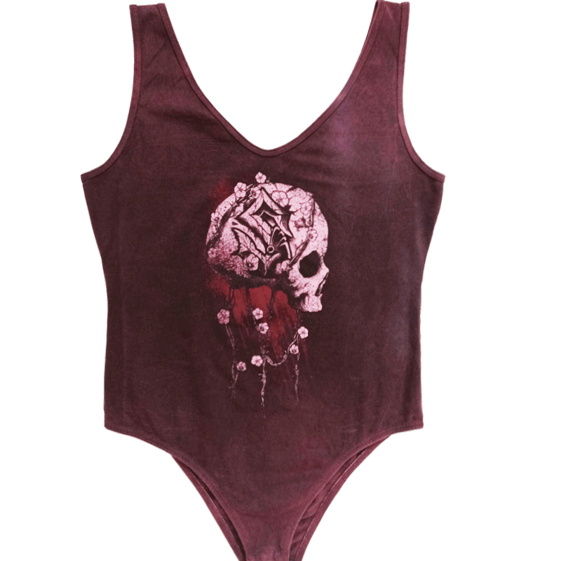 Barbed Skull Rose Retro Bodysuit Women Frontside